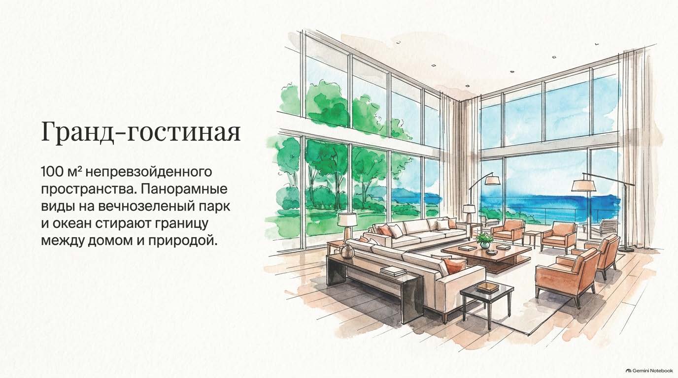 Гостиная 100 м² с видом на вечнозелёный парк и океан
